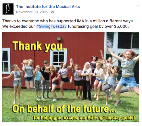 Institute for the Musical Arts thanks their supporters on Facebook