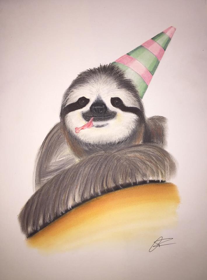 painting of a sloth in a party hat