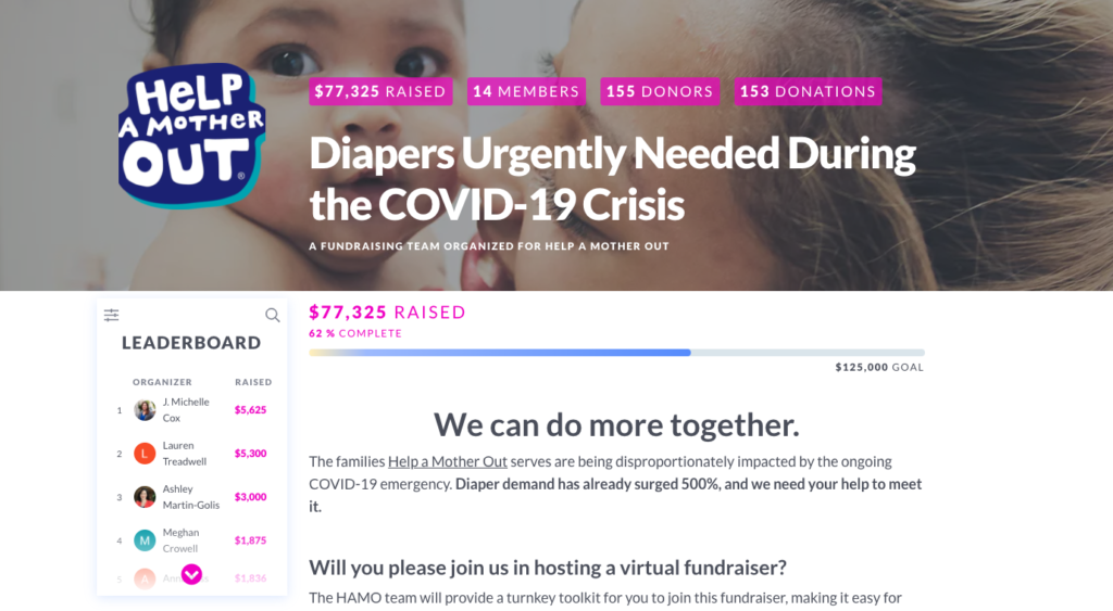 starting a COVID-19 fundraiser: screenshot of a team fundraiser